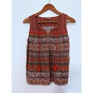 Lucky Brand Boho Top XS Sleeveless V-Neck Cord India Hippy Ethnic Tribal Orange